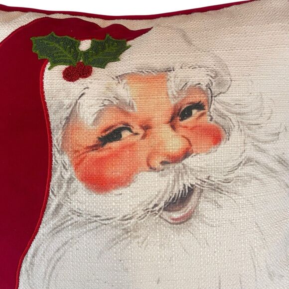 Santa Claus Feather Decorative Throw Pillow 20"x20" Red Velvet Embroidered Holly - Picture 4 of 11